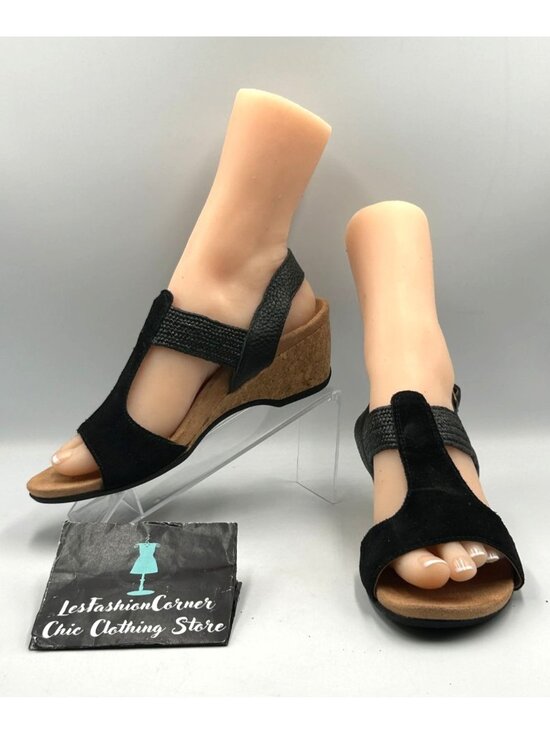 Vionic Shoes - Vionic Women's Black Suede Kaytie T-Strap Cork Wedge Sandals Size 8 3522